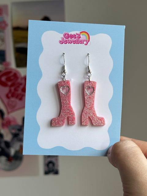 Pink/ Silver boot Earrings